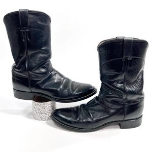 Justin 3133 Pull On Work Boots Mens Sz 9 B Black Leather Western Cowboy Ropers